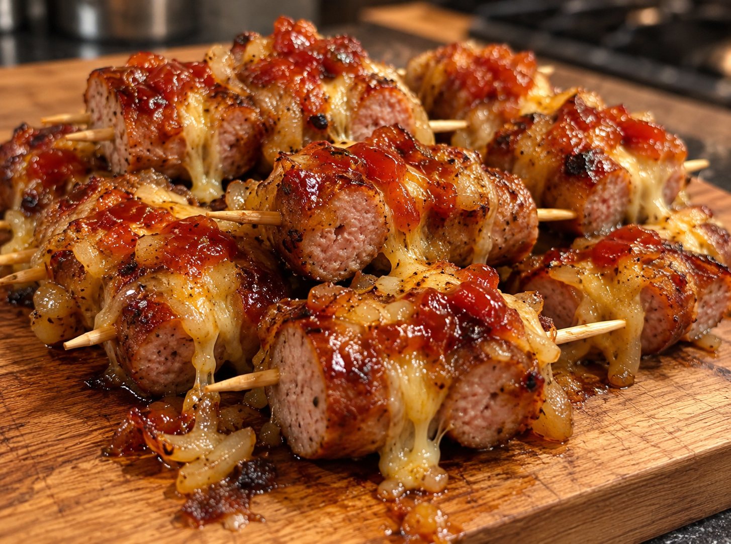 Several pieces of sausage on short skewers covered with cheese, onions and harissa ketchup