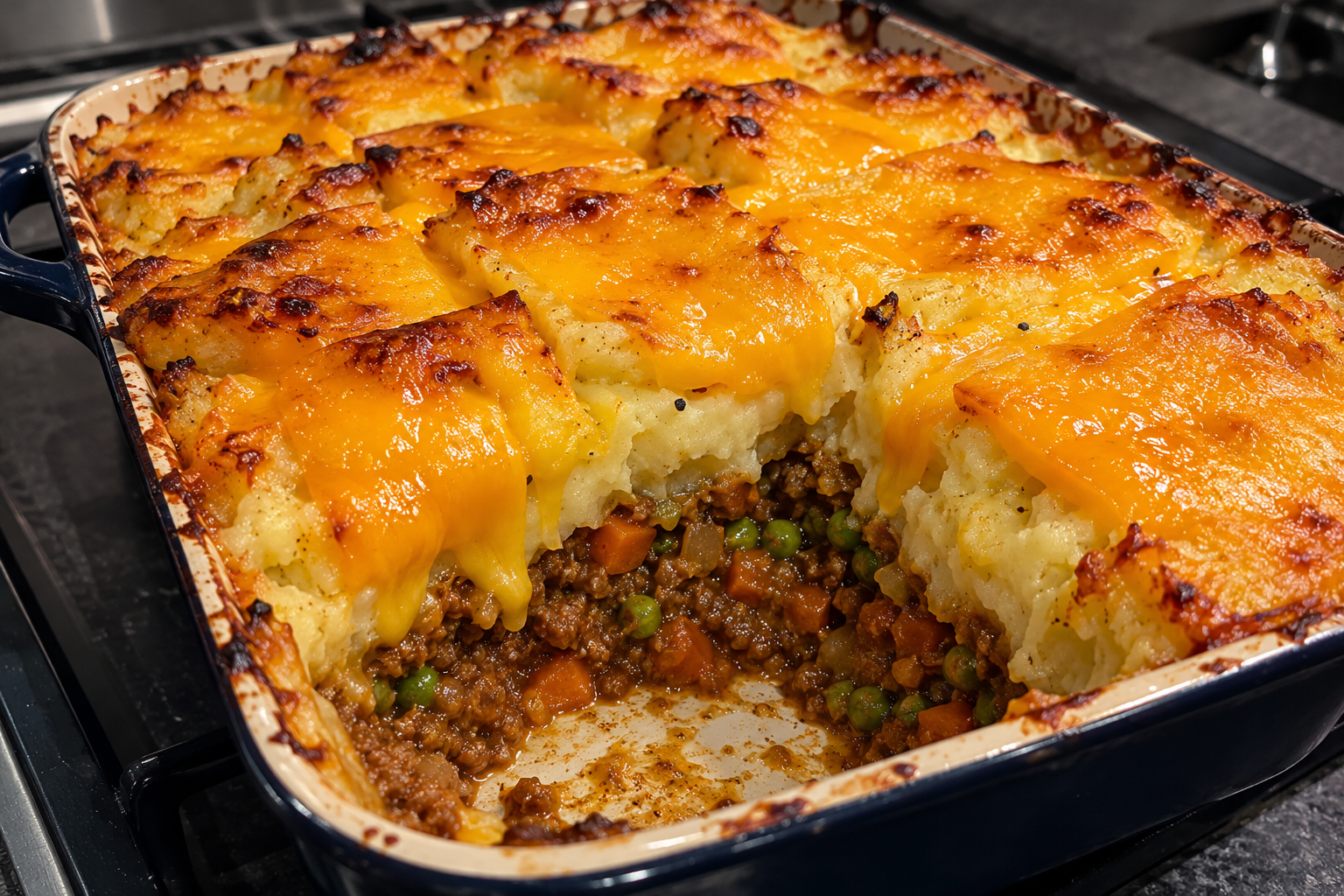 Vegetarian shepherd's pie topped with thick melted cheddar slabs over cheesy mashed potato