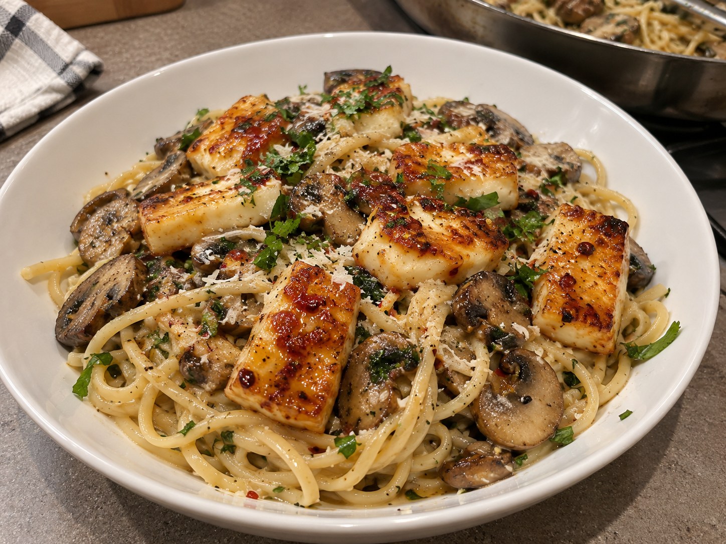 Mushroom linguine topped with golden halloumi and hot honey