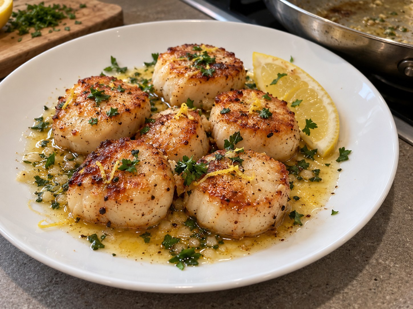 Golden seared scallops served with lemon, herbs and melted butter