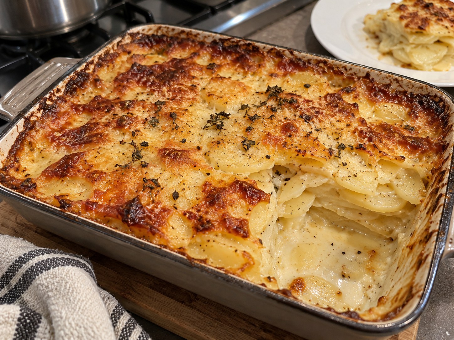 Golden garlic potato dauphinoise with creamy potato layers