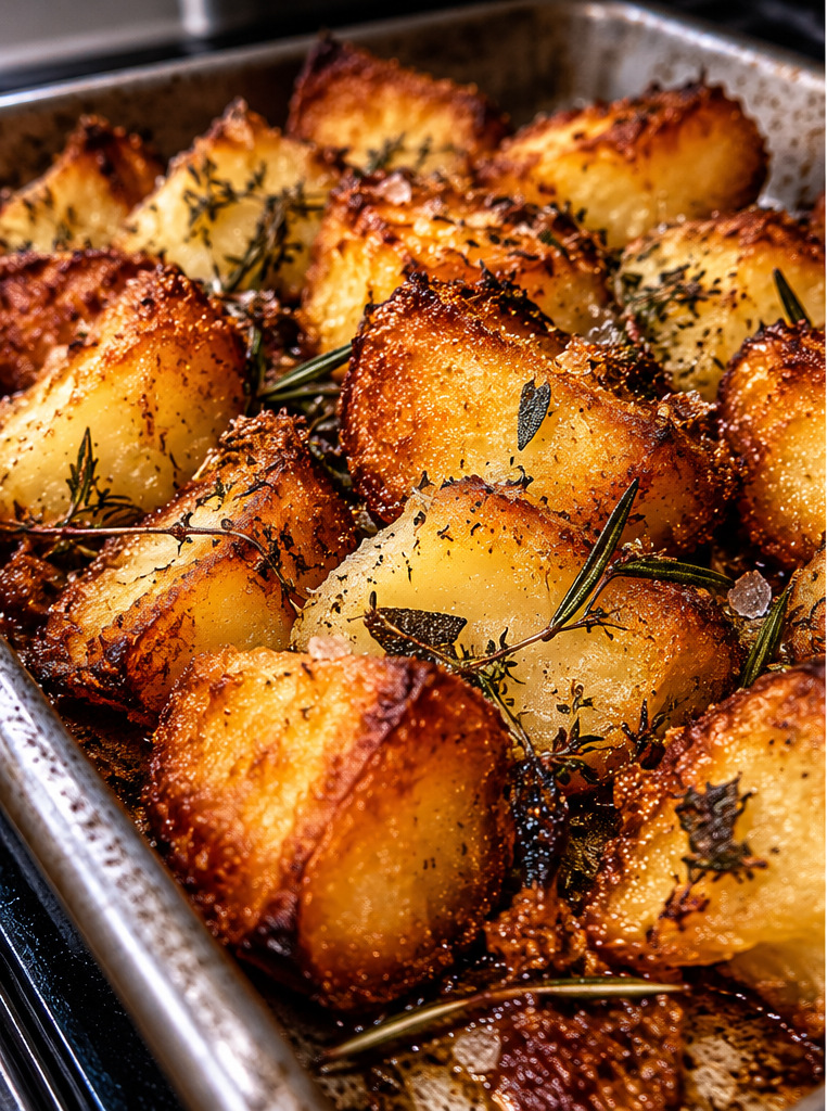 Deep-golden crispy King Edward roast potatoes with rugged edges and rosemary, thyme and sage
