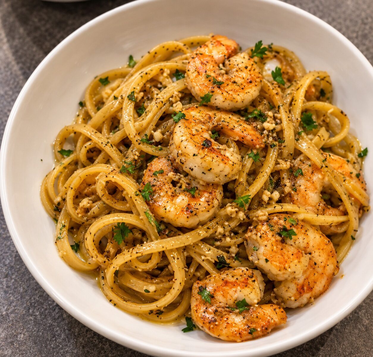 White-wine prawn linguine with golden prawns in a white bowl