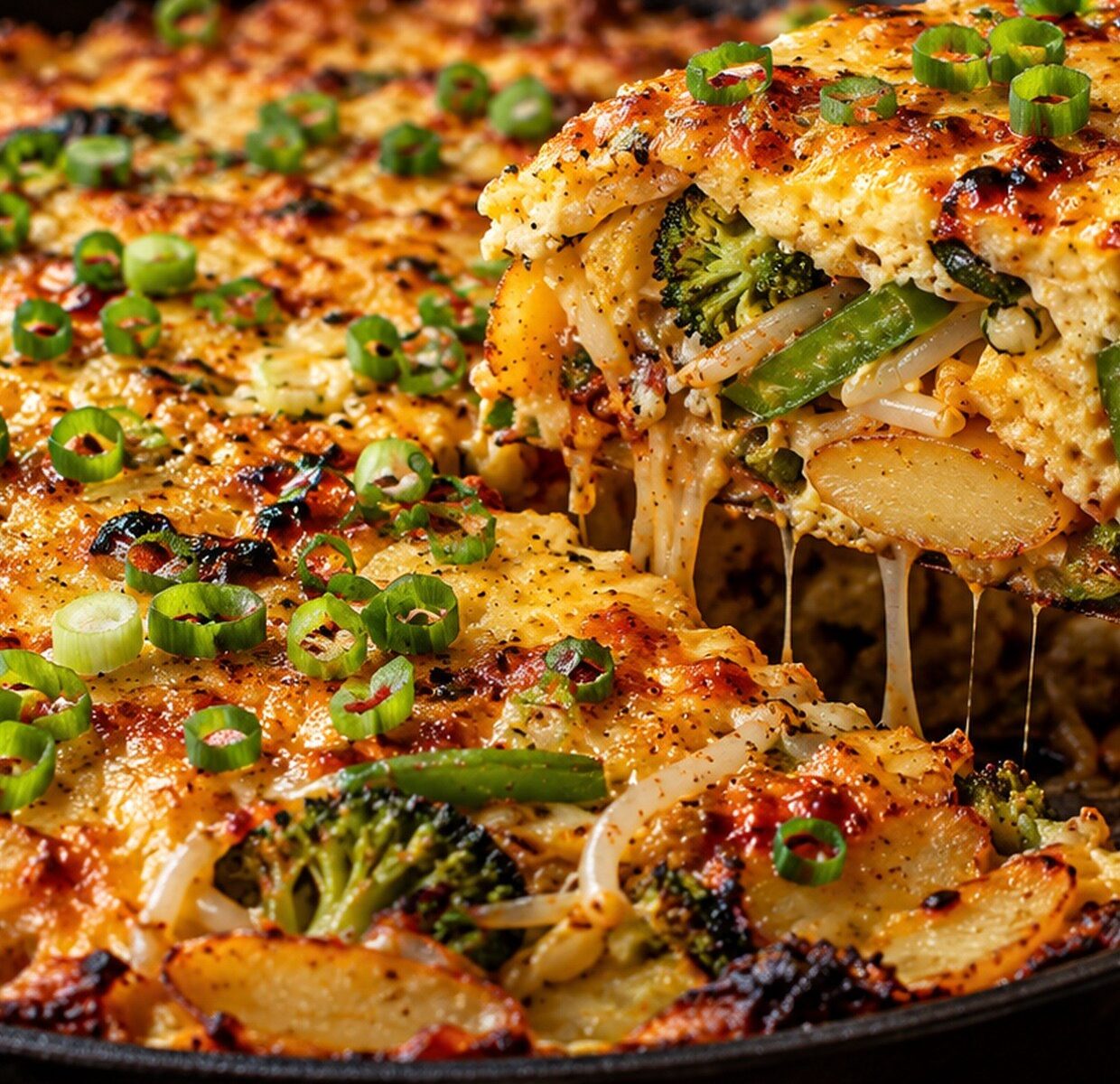 Golden cheesy Foo Young pizza pie with potato, broccoli, vegetables and spring onions